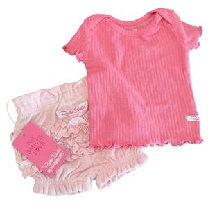 NWT RuffleButts Pink Terry Cloth Bubble Girls Shorts Ribbed Top Outfit 0-3 month